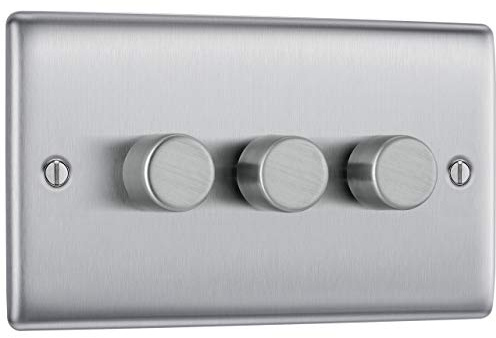 BG Electrical Intelligent Triple Wall Dimmer Switch, 2 Way, Raised Profile, Round Edges, Nexus Metal, Brushed Steel, 200W, NBS83