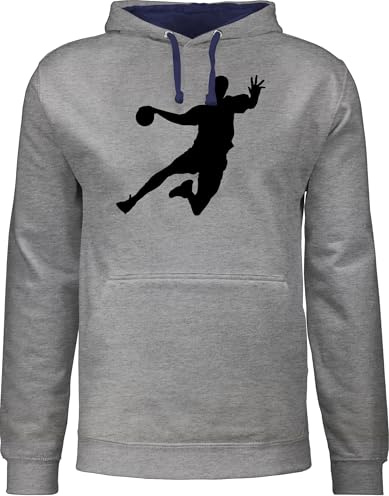 Pullover Herren Frauen Hoodie Kontrast zweifarbig - EM 2026 Trikot Ersatz - Handballer I Geschenk Handballer I Handball Geschenke - S - Grau meliert/Navy Blau - hanball wm kapputzenpolover halbball