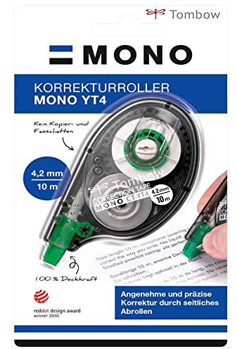 TOMBOW Korrekturroller Mono CT-YT4, 4,2 mm x 10 m, Blister mit seitlicher Abrolltechnik, Keine Trockenzeit, sofortiges - 1 Stück (CT-YT4-DE)