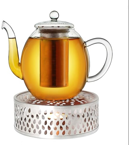 Creano Teekanne aus Glas 1,0l + EIN Stövchen aus Edelstahl, 3-teilige Glasteekanne mit integriertem Edelstahl Sieb und Glasdeckel, ideal zur Zubereitung von losen Tees, tropffrei