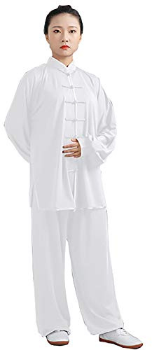 Daoba Uniforme de Tai Chi para mujer, traje chino tradicional de Tai Chi, ropa de artes marciales, ropa de manga larga, ejercicios matutinos, ropa de kung fu, blanco, XXL