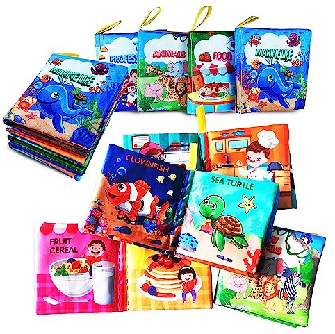 AMINFUN Soft Cloth Baby Books (4 Pack),Touch Crinkle Sensory Toys for Newborn Infants Toddler Non-Toxic Early Educational Preschool Learning Toy Gift 0-3 6-12 18 Months