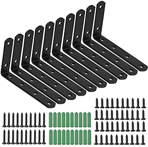 10 Pezzi Staffe Angolari, Supporti Angolari a Forma di L in Acciaio Inox, Staffe Angolo Retto a 90 Gradi, 125 mm x 75 mm Staffe Angolare con 60 Viti per Mensola di Legno Finestre (Nero)