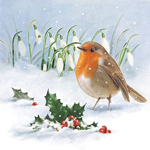 Anniversary House Tiflair Luxury Christmas Napkins - 3-Ply Paper Lunch Napkins with Robin, Holly & Snowdrops Design - Thick, Strong, Festive Disposable Serviettes for Christmas Table Décor - 20 Pack