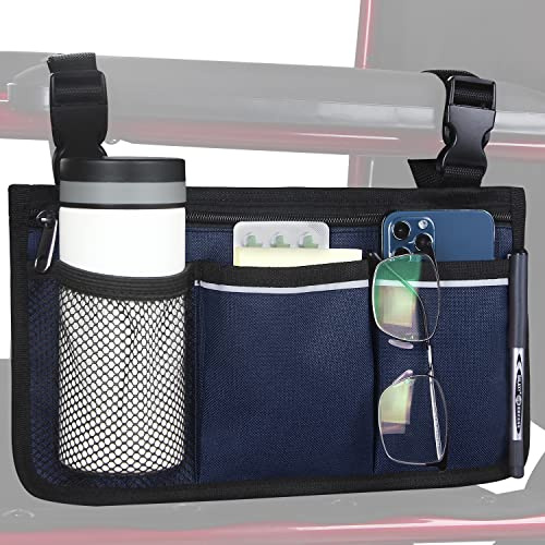 HSGEZUOQI Rollstuhlaufbewahrungstasche Armlehnentasche mit Becherhalter und Reflektorstreifen Wasserdichtes Gewebe, für die meisten Rollstühle, Rollatoren oder Rollatoren (Blau)