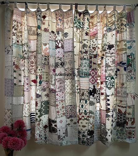 Sambhav Quilt Hub 2 Stück indischer Vintage-Patchwork-Stoff mit Patchwork-Motiv, handgefertigt, für Tür, Tür, Fenster, Vorhang-Set (weiß)