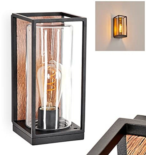 Außenwandleuchte Palanga, Außenleuchte aus Metall/Glas in Schwarz/Holzoptik/Braun/Klar, Wandlampe für Terrasse/Eingangsbereich, 1 x E27, mit tollem Lichteffekt, ohne Leuchtmittel
