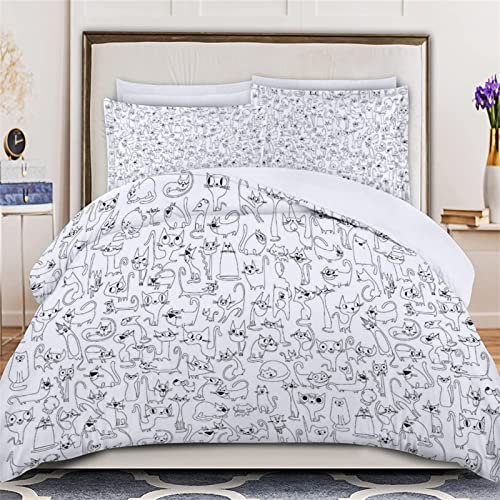 TMMDH 3D Drucken Bettwäsche Set WeißE Cartoon-Katze Muster Bettbezug 200x220 cm weich bequem atmungsaktiv Hypoallergen Mikrofaser Bettbezüge Und 2 Kissenbezug,Geeignet für Adults and Children