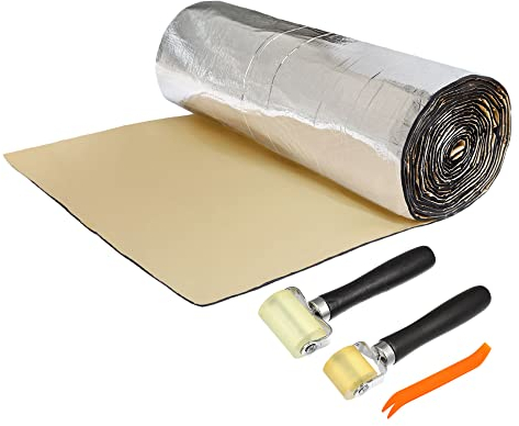sourcing map Isolant Phonique Voiture 5mm Isolation Thermique Capot Moteur Coffre Porte avec Outil Rouleau 40x24/100x60cm