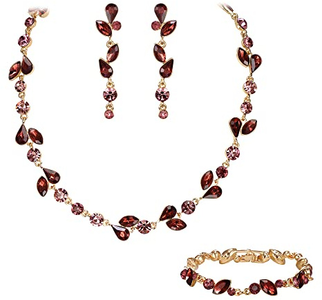 EVER FAITH Kristall Schmuck-Sets elegante Marquise- und Runde- Schliff Strass Blatt Halsketten, Ohrringe und Armband-Set für Damen Braun gold-Ton