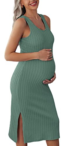 Ekouaer Women's Maternity Dress Rib Knit Sleeveless Baby Shower Dresses Casual Bodycon Pregnancy Clothes A Mint Green Medium