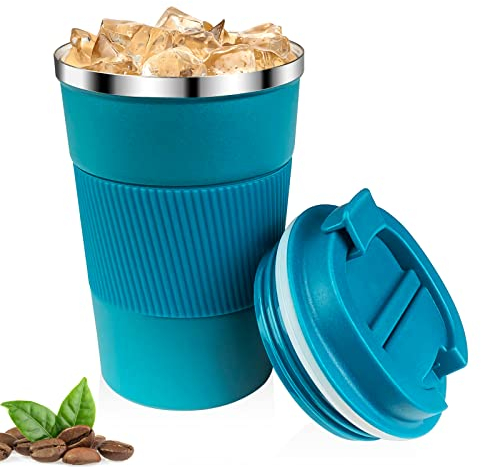 Relota Taza de Café 380mL Azul, Termo para Llevar 304 Acero Inoxidable Reutilizable, Vaso Termico Antigoteo para Coche, Hermético para Frío y Caliente, Leche y Té