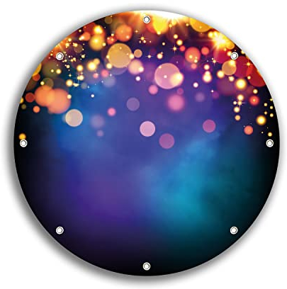 Wallario rundes Outdoor-Poster für Garten oder Balkon Bunte Kugeln in orange und rot, explodierend, vor blauem Hintergrund, Motivbanner 30 cm Durchmesser