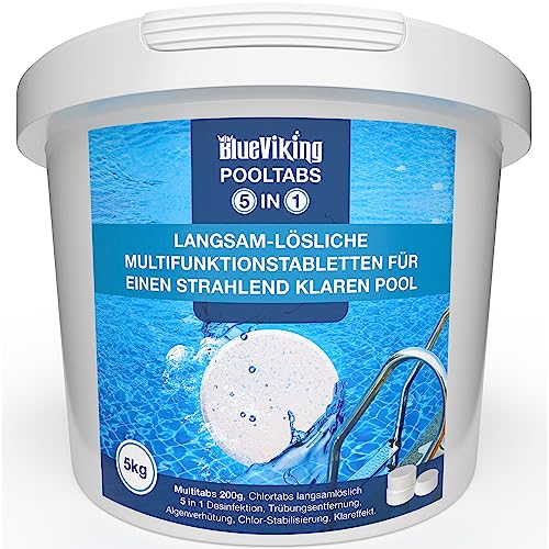 BlueViking Chlortabletten für Pool 5 in 1 - Hochwirksame Multitabs Pool 200g im 5kg Eimer - Chlor Pool Tabletten in EU Premium-Qualität - Einfache, Sichere und Effiziente Poolpflege