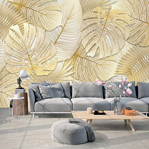 Papier Peint 3D Autocollant Murale Feuille De Bananier Doré De La Forêt Tropicale Humide Sticker Mural Photo Murale Autocollant Affiche - Canapé Tv Toile De Fond Bur 140 (largeur) x 70 (hauteur) cm