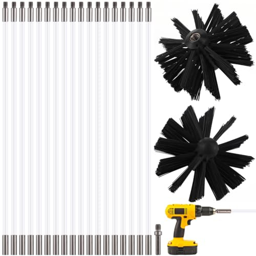 Homoyoyo 21Pcs Chimney Sweep Kit Flexible Nylon Rods with 2 Brush Heads Drill Compatible Button Lock Flue Cleaning Tool Set for Log Burner Dryer Vent Pipe