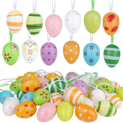 Jangostor 48 Pezzi Uova di Plastica Dipinte - 4 cm Appese Uova di Pasqua Decorazioni con Vari Stile Punti Strisce Fiori per Albero Scuola Casa Ufficio Articoli Feste Decorazione Pasquale