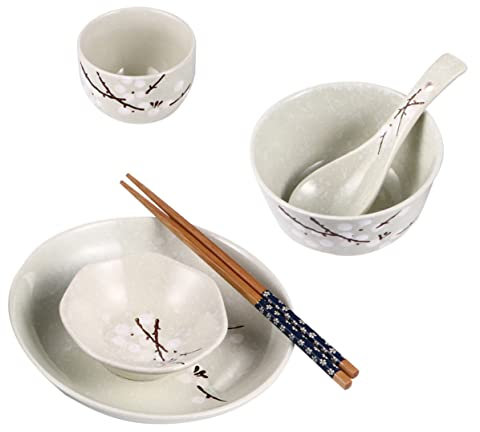 CIYODO Japanese Style Ceramic Tableware Set 6-Piece for Single Use Includes Bowl Dish Cup Spoon and Chopsticks Blue Color Practical Dining Utensils