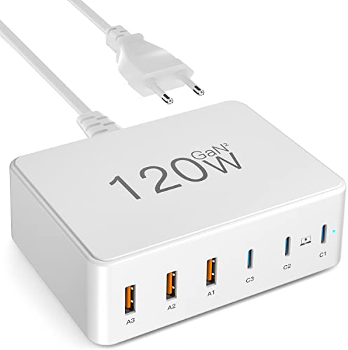 Caricatore GaN 120W, 6 Porte USB C e USB-A, Stazione di Ricarica Multipla PD QC 3.0 per MacBook Pro, Laptop, iPhone, iPad, Samsung