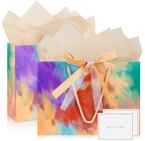 Mifferer Geschenktüten, 2 Stück Papier Geschenktüten mit 2 Taschentuch und 2 Karten, Geschenktüten mit Griffen für Frauen, Mädchen, Brautjungfern, Geburtstage, Valentinstag und Hochzeitsfeiern