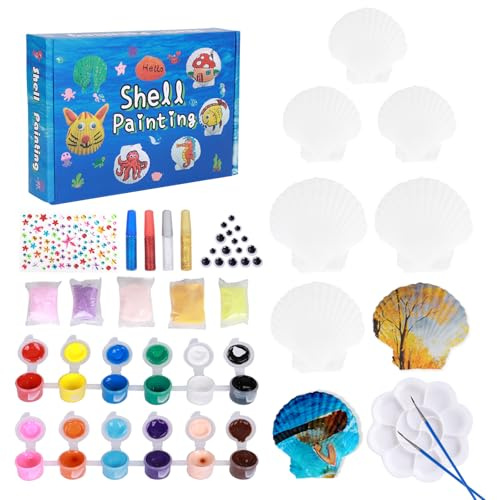 DSYZWEE Muscheln Bemalen Kinder Set – 12 natürliche Muscheln mit 24 Farben, Glitzer & Deko | Kreatives Meer-Thema DIY Bastelset | Geschenk für Kinder ab 5–10 Jahren