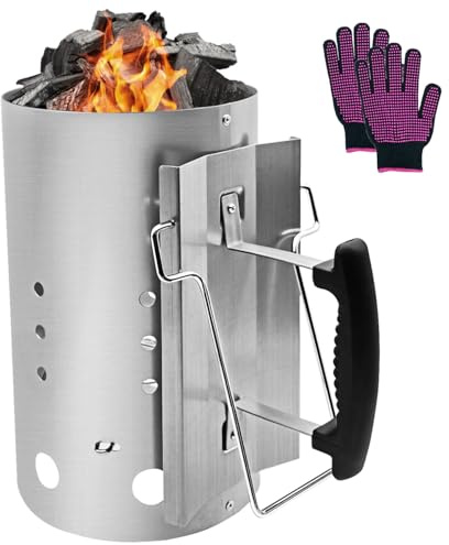 HALNKSZDDD Grande cheminée d'allumage au charbon de bois avec poignée de sécurité pour barbecue en plein air, camping, argenté