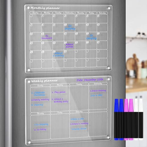 Acrylic Magnetic Dry Erase Board for Fridge | Weekly & Monthly Family Planner, Note Board Set for Refrigerator/Wall/Glass/Kitchen, 6 Colours Markers