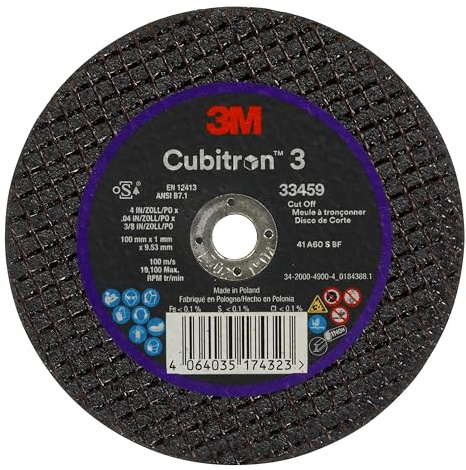 3M Cubitron 3 Cut-Off Wheel 33459, 4 in x 0.04 in x 3/8 in, Long Lasting Performance, High Cut Rate, for Automotive Cutting and Splicing, Collision Repair, 5 Wheels