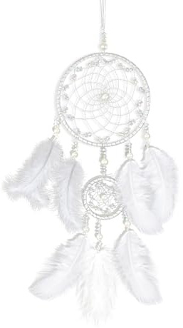 Dream Catcher with Feathers, Dream Catchers Handmade Sleek Boho Dreamcatcher Art Ornament for Home Office Wall Window Door (White)