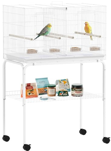 PawHut Gabbia per uccelli con divisorio Voliera con ruote 4 mangiatoie 4 posatoi e vassoio rimovibile Gabbia per pappagalli Canarini Parrocchetti Pappagalli 76x46x116 cm Bianco