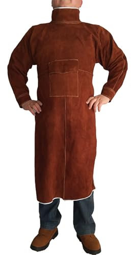 Tablier de soudage Anti-Flamme en Cuir de Vache, Manteau Long, vêtements de Protection, Combinaison de Soudeur, Cuir Durable, Protection supplémentaire,Marron,120cm