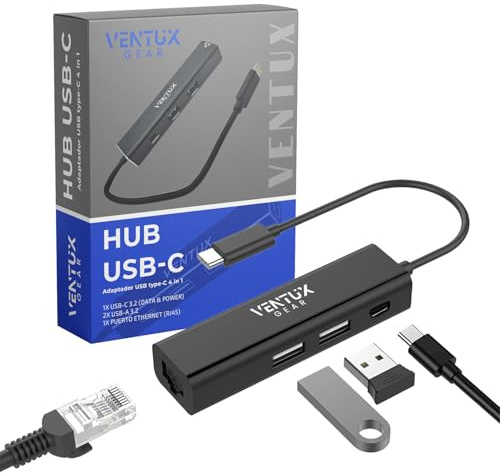 Hub USB-C 3.2 4-en-1 avec Ethernet - Adaptateur Multiport avec 1x RJ45, 2x USB-A 3.2, 1x USB-C - Compatible avec MacBook, Windows, Linux, Chromebook