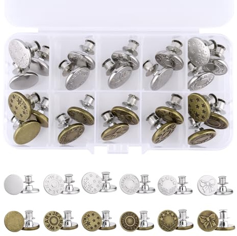 24 Stück Jeans Knöpfe Ohne Nähen, Verstellbare Hosenknöpfe, 17 mm Metall Hosenknopf & Ersatzknöpfe, Abnehmbar & Wiederverwendbar, Jeansknöpfe für Hosen, Röcke & Jacken, mit Aufbewahrungsbox