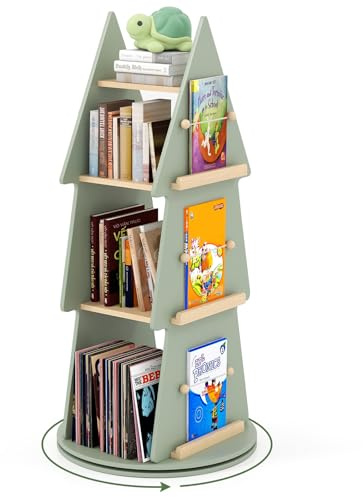 COSTWAY Kinderbücherregal 360° drehbar, Kinder Bücherkarussell 4 Ebenen in Baumform, Ø48 x 102 cm freistehendes Displayregal, Bücher Aufbewahrungsorganizer grün für Kinderzimmer, Spielzimmer