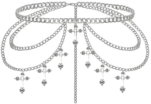 Cross Waist Chain Belt - Punk Gothic Crossover Body Belly Chains Tassel for Women Girl (Silver) (Cross1)