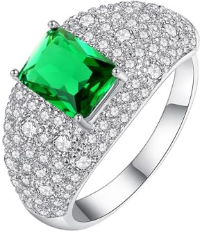 Tolldek Echtgold Schmuck Diamantring 750 Weißgold, Grün Tsavorite Klassiker Trauringe Rechteckschliff, 18K Pärchen Ringe mit Moissanit, 48 (15.3)