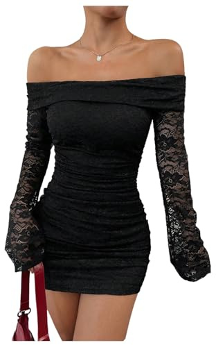 GORGLITTER Women's Off Shoulder Lace Long Sleeve Dresses Ruched Bodycon Pencil Mini Night Out Dress