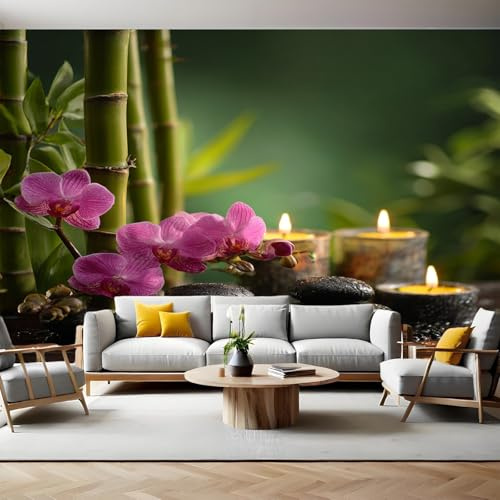 Verde Fotomurales Bambú verde y flores de magnolia Papel Tapiz Fotográfico 400x280 cm Tejido No Tejido Decor de la Pared Murales para Salón Dormitorio TV Pared Habitación Niños