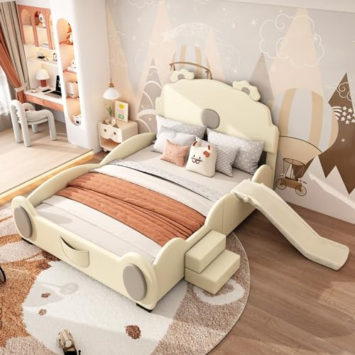 Cama de oso de dibujos animados de PU y MDF, tobogán y escalera, fácil de limpiar, cómoda cama individual, cama de juegos creativa, muebles de dormitorio juvenil