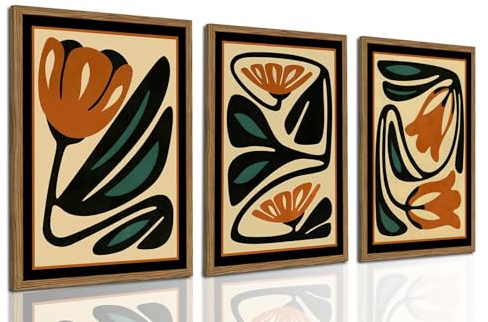 Mid Century Floral Wall Art Set of 3, Modern Abstract Botanical Wall Decor Picture, Vintage Boho Eclectic Plant Canvas Prints Paintings for Bedroom Living Room 12x16 inch Framed