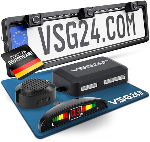 VSG24 Kennzeichen Einparkhilfe mit Display & Lautsprecher – robuste Parkhilfe vorne oder hinten mit 3 Sensoren – LED-Anzeige & akustischer Rückfahrwarner – 30–150 cm – 12V PDC Nachrüstset