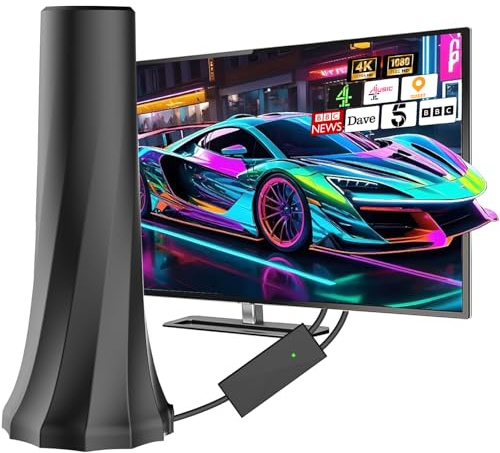 Aries de TV inteligente para interiores con antena inteligente de rango de más de 560 millas con amplificador de señal, soporta canales locales HD 4K 1080P con cable de antena de 18 pies