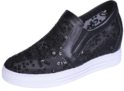 Platåsneakers för kvinnor, paljetter, blombroderi, enstaka skor, nät, ventilerande vandringsskor med kilklack, fritidsskor, slip-on, bekväma promenadskor, sommarskor, svart, 38 EU