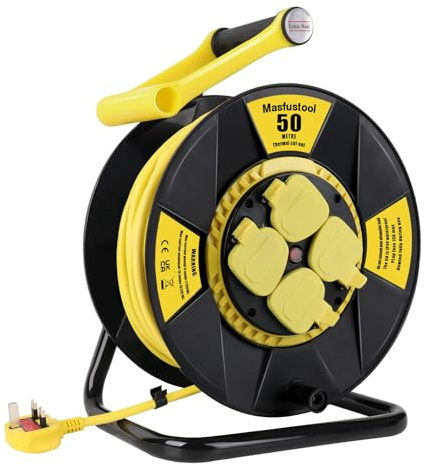 Masfustool Cable Reel, 50m, IP44 Rated Extension Lead, 13A with Thermal Cut Out, Heavy Duty Outdoor Extension Lead Water Resistant 4 Sockets Covered for Gardern, Garage, DIY Housework