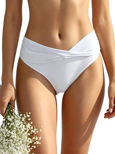 SHEKINI Maillot de Bain Femme Mid-Waisted Bas de Bikini Triangle Classique Bas de Maillot de Bain Devant Plissé Ruched Moderate Coverage Maillot de Bain（XS，Blanc）