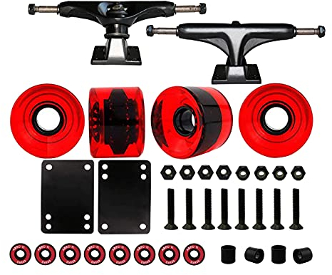 SM SunniMix 5 Skateboard Achsen, Skateboard Rollen mit Lager 51mm, Skateboard, Skateboard Riser Pads, Skateboard Hardware Set, klar rot