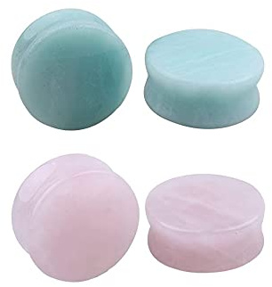 2 pares de tapones para los oídos de piedra orgánica natural de aventurina de cuarzo rosa, dilatadores de túnel, ensanchador de doble acampanado, piercing de carne de Amazonita, conjunto de joyas
