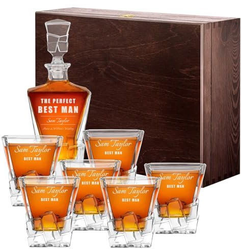Maverton Personalised Whiskey Decanter and 6 Glasses for Man - Elegant Whisky Set for him - Ice Cubes Model - Stylish barware for Birthday - for Whisky connoisseurs - Occasion