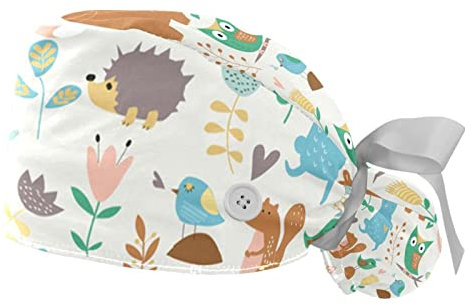 2 Packungen Arbeitskappe mit Knöpfen und Band für Frauen langes Haar, verstellbares Baumwollschweißband Arbeitsmütze Pferdeschwanzhalter, Raffhalter Hüte, Tiere Zoo, multi, Einheitsgröße