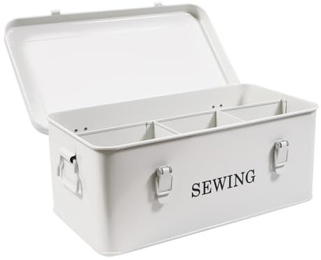 Xbopetda Organizador de costura de metal, cesta de costura de 4 compartimentos con cerraduras de seguridad, caja de almacenamiento para hilo, tijeras y alfileres (blanco)
